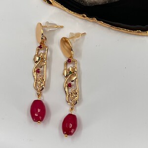Gold Filled Red Drop Cubic Zirconia Earrings