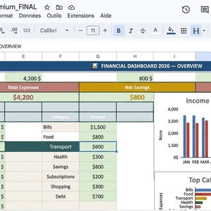 Peut inclure: Une feuille de calcul de tableau de bord financier numérique intitulée Ultimate_Budget_Spreadsheet_Premium_FINAL. Elle affiche un aperçu 2026 avec des tableaux pour les revenus, dépenses, épargnes et dettes, ainsi qu'un graphique à barres.