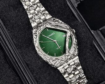 Custom Casio Watch - Handmade Textured Metal Case, Green Dial