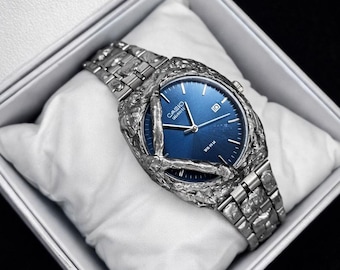 Custom Casio Watch with Textured Silver Case, Blue Dial Quartz Watch, Handmade Minimalist Wristwatch