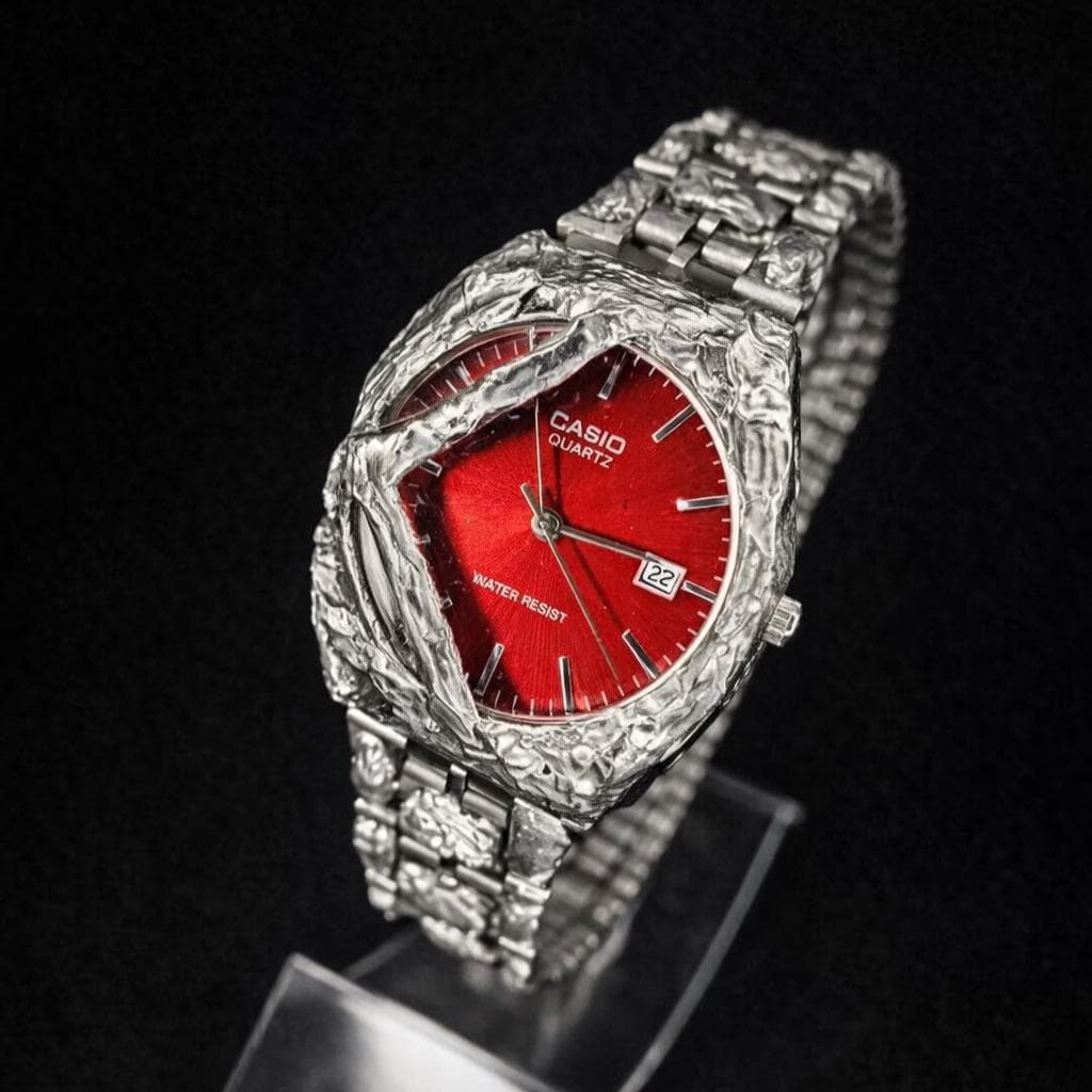 CASIO W-34 80s ”Old Casio” Red Vintage Custom Casio Watch Red Dial | Handmade Textured Case | Unique