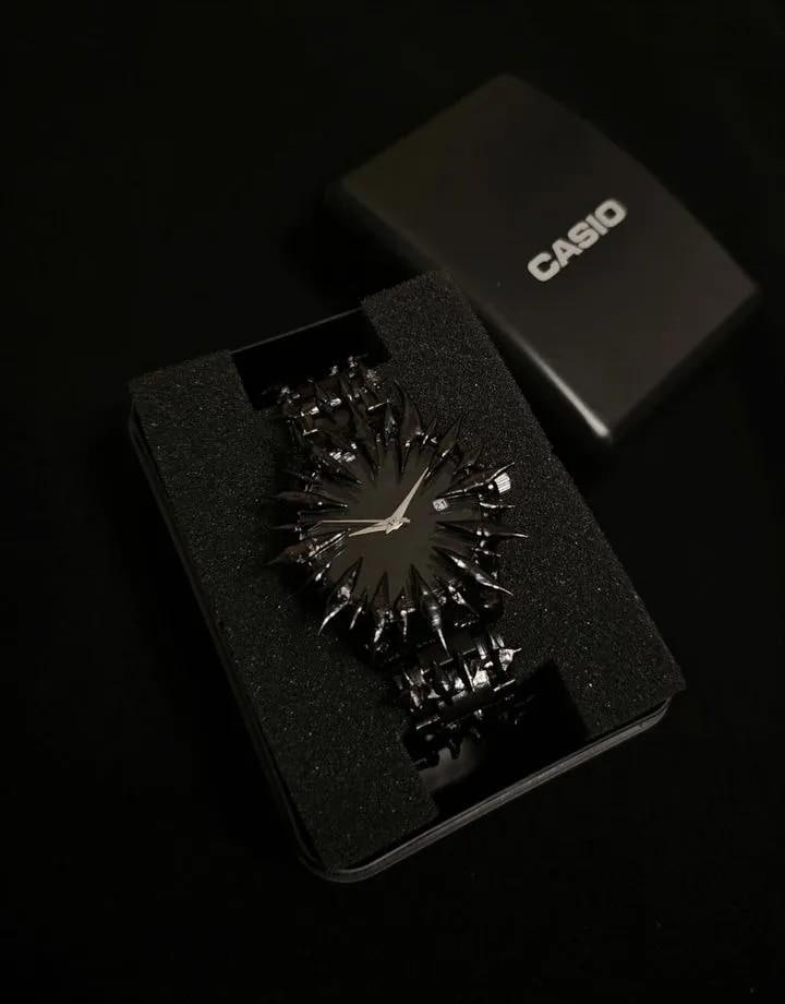 Custom Casio Black Spike Watch – Handmade Gothic Punk Style Quartz