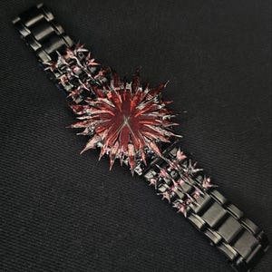 Custom Spiked Star Watch – Red Gothic Dial on Black Steel Bracelet, Handmade Artistic Wristwatch image 2