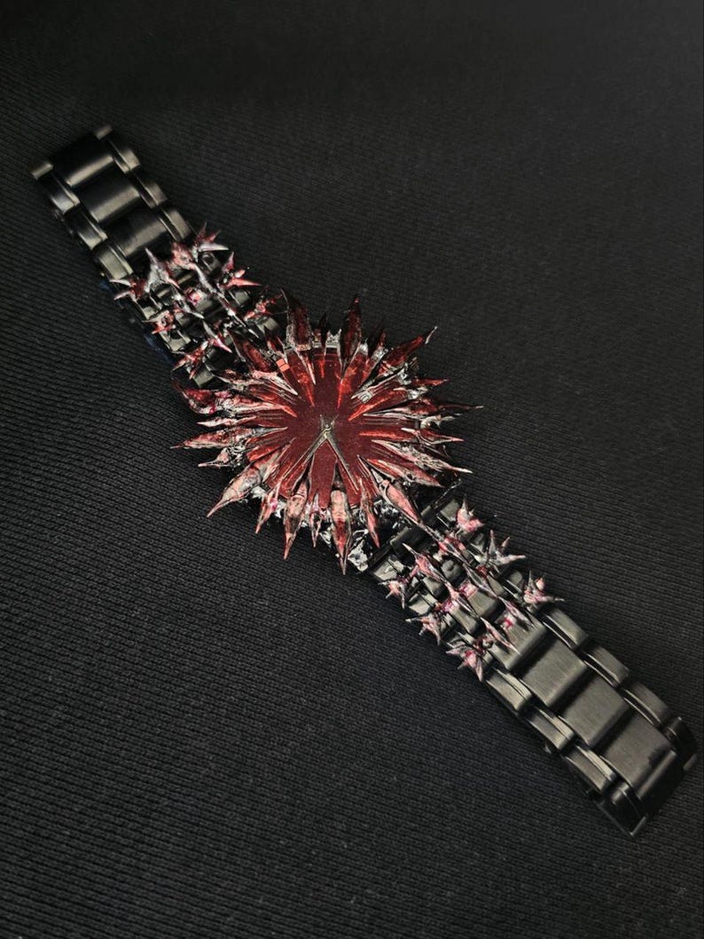 Custom Spiked Star Watch – Red Gothic Dial on Black Steel Bracelet, Handmade Artistic Wristwatch image 2
