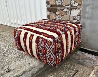 Red Kilim Pouf, Moroccan square Vintage poufs