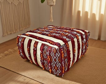 Czerwony Kilim Square Pouf, marokański zestaw puf w stylu vintage