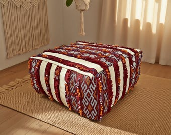 Puf cuadrado Kilim rojo, juego de pufs vintage marroquíes