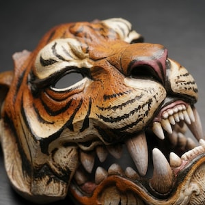 Tiger Mask, Handmade Animal Mask, Tribal Tiger Decor, Fierce Predator Wall Art, Neo Ídolos Sculpture by Caesar Borja