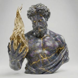 May include: A sculpted bust of a bearded man with curly hair, holding a golden flame. The statue is primarily dark grey with purple veining and gold-coloured cracks. The eyes of the statue glow with a golden light.