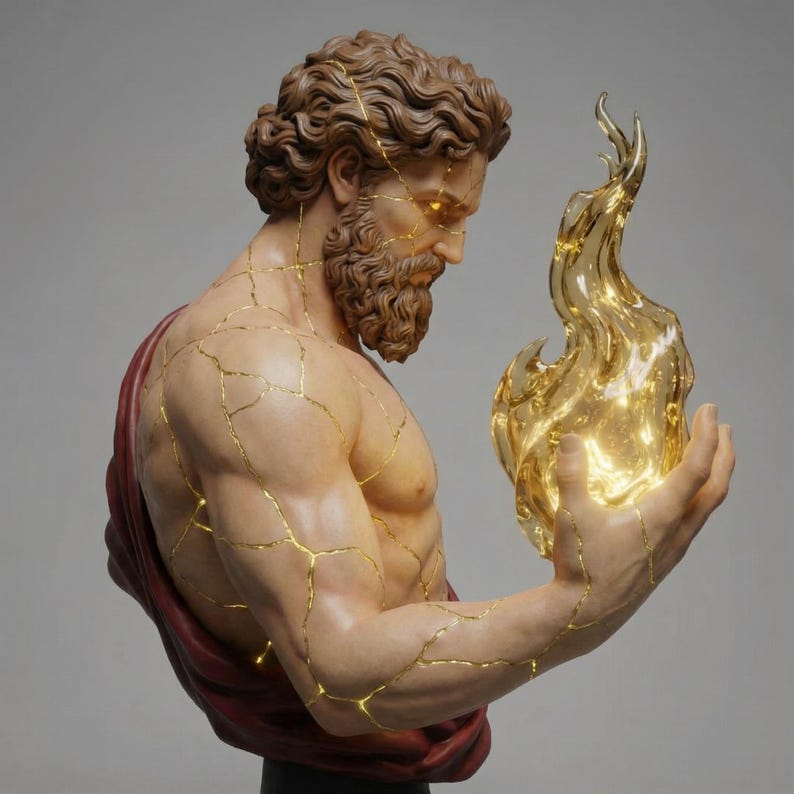 May include: A detailed sculpture of a male figure with a beard and curly hair, holding a golden flame. The sculpture has gold accents along the cracks, and is draped in a red cloth. The figure's eyes glow with a golden light.