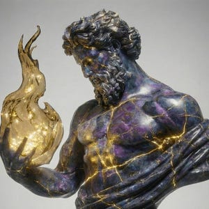 May include: A statue of a man with a beard, holding a glowing flame. The sculpture has a blue and purple finish with gold accents in the cracks. The flame is a translucent gold colour, and the statue is set against a neutral background.
