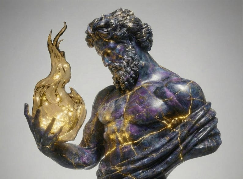 May include: A statue of a man with a beard, holding a glowing flame. The sculpture has a blue and purple finish with gold accents in the cracks. The flame is a translucent gold colour, and the statue is set against a neutral background.