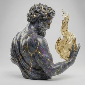 May include: A statue of a muscular figure with a beard, draped in cloth, holding a golden flame. The bust is dark with purple hues and gold crackle detailing. The figure is looking down at the flame.