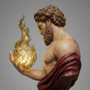 May include: A statue of a man with a beard and curly hair, holding a glowing golden flame. The statue has gold accents along the cracks, and is draped in a red cloth.