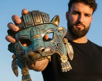 Turquoise and Gold Jaguar Warrior Mask | Limited Edition Aztec-Mayan Sculpture | Signed Mesoamerican Art | Luxury Decor