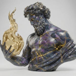 May include: A sculpture of a muscular male figure with a beard, holding a golden flame. The figure is dark blue and purple with gold crackle detailing. The flame is a translucent gold colour.