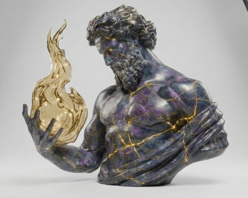 May include: A sculpture of a muscular male figure with a beard, holding a golden flame. The figure is dark blue and purple with gold crackle detailing. The flame is a translucent gold colour.