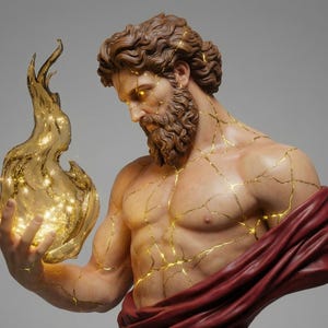 May include: A statue of a muscular figure with a beard, holding a glowing, golden flame. The statue has gold accents along the cracks, and is draped in a red cloth. The figure has a serious expression.