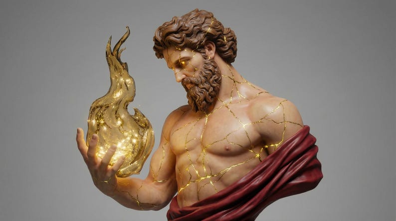May include: A statue of a muscular figure with a beard, holding a glowing, golden flame. The statue has gold accents along the cracks, and is draped in a red cloth. The figure has a serious expression.