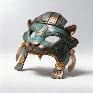 Può includere: Una maschera di giaguaro turchese e oro con dettagli intricati. La maschera presenta un volto di giaguaro stilizzato con aperture per gli occhi, un naso prominente e denti affilati. Piume decorative e dettagli dorati adornano la maschera.