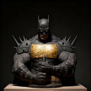 Puede incluir: Busto detallado de Batman en un estilo oscuro e imponente. La figura es predominantemente gris oscuro con un emblema dorado en el pecho y una armadura de hombro con púas. Batman sostiene un arma, con expresión severa.