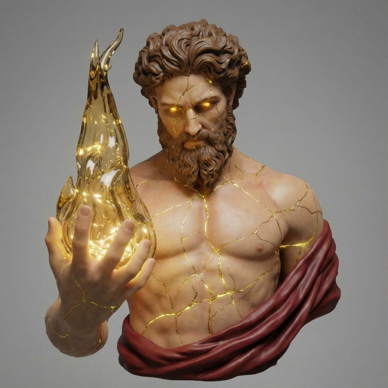 May include: A sculpted bust of a man with a beard and curly hair, holding a golden flame. The bust features golden cracks and a red cloth. The man's eyes emit a golden glow.