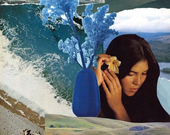 Vintage Magazine Collage Art Print – Beachy Blue Waves