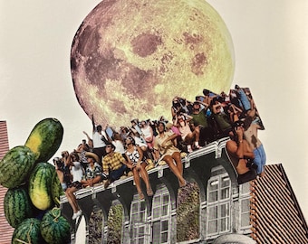 Surreal Moon Gazing Collage Art Print – Handmade Vintage Magazine Summer Collage