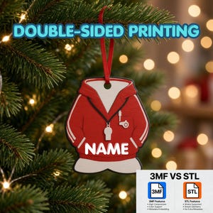 May include: A red and white hoodie-shaped Christmas ornament featuring a whistle graphic and the text NAME, suspended by a red ribbon. The ornament includes double-sided printing and is designed with a flat, stylized aesthetic for holiday decor.