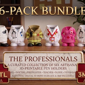 Pode incluir: Um pacote de 6 porta-canetas com seis figuras vestidas de barbeiro, médico, bombeiro, professor, enfermeiro e veterinário. O texto diz 6-PACK BUNDLE, THE PROFESSIONALS, A CURATED COLLECTION OF SIX ARTISANAL 3D-PRINTABLE PEN HOLDERS, STL e 3MF.