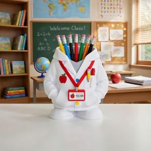 May include: A novelty pencil holder in the shape of a teacher, wearing a white lab coat and a red lanyard with an apple-shaped name tag that says "TEACHER". The holder is filled with coloured pencils. The background is a classroom.