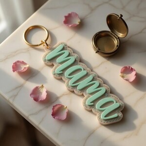 May include: A mint green "mama" keychain with a gold ring, surrounded by pink rose petals and a small, open, antique-style locket. The keychain has a scalloped edge.
