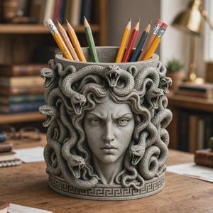 Könnte beinhalten: Ein zylindrischer grauer Stiftehalter mit einem skulpturalen Relief eines Gesichts mit Schlangen als Haar. Das Design umfasst mehrere Schlangenköpfe mit geöffneten Mäulern um das zentrale Gesicht sowie ein geometrisches Mäandermuster am Sockel.