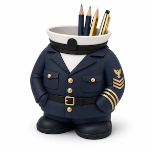 Pennenhouder in uniform van een Amerikaanse marinechef (STL-bestand) | Bureau-organizer voor militairen (digitale download)