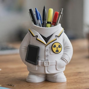 Pode incluir: Um organizador de secretária branco em forma de figura que veste uma bata de laboratório, com um símbolo de radiação amarelo e preto no bolso do peito e um pequeno tablet preto numa mão, cheio de várias canetas e marcadores coloridos.