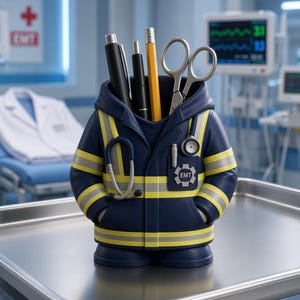 May include: A navy blue desk organizer shaped like a hooded jacket with yellow reflective stripes, featuring an EMT patch on the chest pocket, a stethoscope, and holding two black pens, a yellow pencil, and a pair of silver medical scissors.