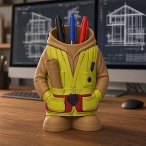 Puede incluir: Un organizador de escritorio con forma de torso que viste una sudadera beige y un chaleco amarillo con bordes rojos. El chaleco tiene bolsillos, un plano enrollado y una herramienta circular negra. Tres bolígrafos negro, azul y rojo están insertados.