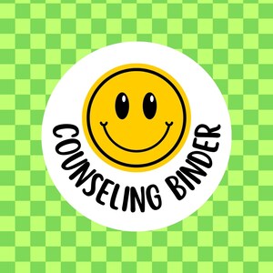 May include: A white circle with a yellow smiley face and the words "COUNSELING BINDER" in black text. The background is a green and white checkered pattern.
