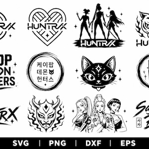 Könnte beinhalten: Eine Sammlung von schwarz-weißen Grafikdesigns mit verschiedenen Logos und Illustrationen. Die Designs umfassen textbasierte Logos mit dem Wort "HUNTRAX", ein herzförmiges Logo und Illustrationen von Figuren, einem Tiger, einer Katze, Schwertern, einer Dämonenmaske und stilisierten Frauen.