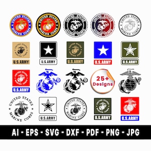 May include: A collection of military-themed designs featuring the U.S. Marine Corps emblem and U.S. Army star. The designs are in various colors and shapes, including circles, squares, and stickers. File formats include AI, EPS, SVG, DXF, PDF, PNG, and JPG.