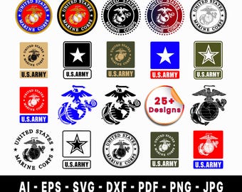 May include: A collection of military-themed designs featuring the U.S. Marine Corps emblem and U.S. Army star. The designs are in various colors and shapes, including circles, squares, and stickers. File formats include AI, EPS, SVG, DXF, PDF, PNG, and JPG.