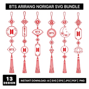 May include: A red SVG bundle with 13 designs, each featuring the text "BTS" and decorative elements like a fan, moon, and lotus flower. The top text reads "BTS ARIRANG NORIGAR SVG BUNDLE". The bottom text says "INSTANT DOWNLOAD: AI | SVG | EPS | JPG | PDF | PNG".