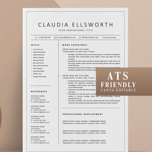 Peut inclure: Un modèle de CV professionnel avec le nom "CLAUDIA ELLSWORTH" en haut. Le CV comprend des sections pour les compétences, l'expérience professionnelle, les références et le développement professionnel. Le modèle est étiqueté "ATS FRIENDLY CANVA EDITABLE".