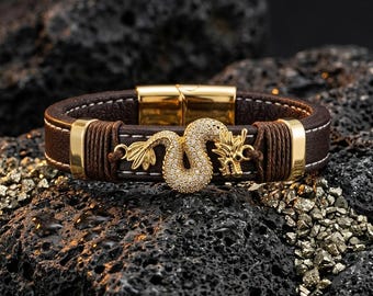 Dragon Leather Bracelet, Gold Stainless Steel Bracelet, Mens Bracelet, Luxury Animal Jewelry, Unisex Gift, Adjustable Size