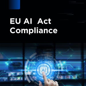 Op de afbeelding: Een digitale afbeelding met de tekst "EU AI Act Compliance" in het wit. Een blauw en wit cirkelvormig ontwerp met de letters "AI" in het midden, met een vinger die ernaar wijst. De achtergrond is zwart met blauwe accenten.