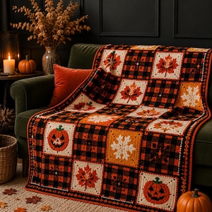 May include: A crochet blanket featuring a grid pattern of alternating black and orange plaid squares and white squares decorated with orange maple leaves, white snowflakes, and orange jack-o'-lantern pumpkins with green stems.