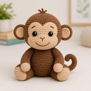 May include: A crocheted monkey stuffed animal featuring dark brown yarn for the body and light beige yarn for the face, ears, hands, and feet. The toy has large black plastic eyes, a stitched nose and mouth, and a small curled tail at the back.