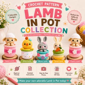Lamb in Pot Crochet Pattern Bundle, 5 Amigurumi Animal Designs, PDF Digital Download