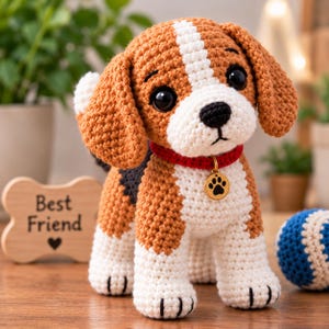 May include: A crocheted beagle puppy toy with brown, white, and black yarn. The puppy has large black eyes, a black nose, and a red collar with a gold-coloured circular tag featuring a black paw print. A wooden bone-shaped sign reads Best Friend.