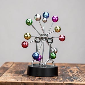 Peut inclure: Une sculpture cinétique composée d'une roue centrale rotative avec de multiples bras métalliques fins s'étendant vers l'extérieur. Chaque bras se termine par une petite boule sphérique polie de diverses couleurs métalliques : rouge, bleu, vert, or et argent.